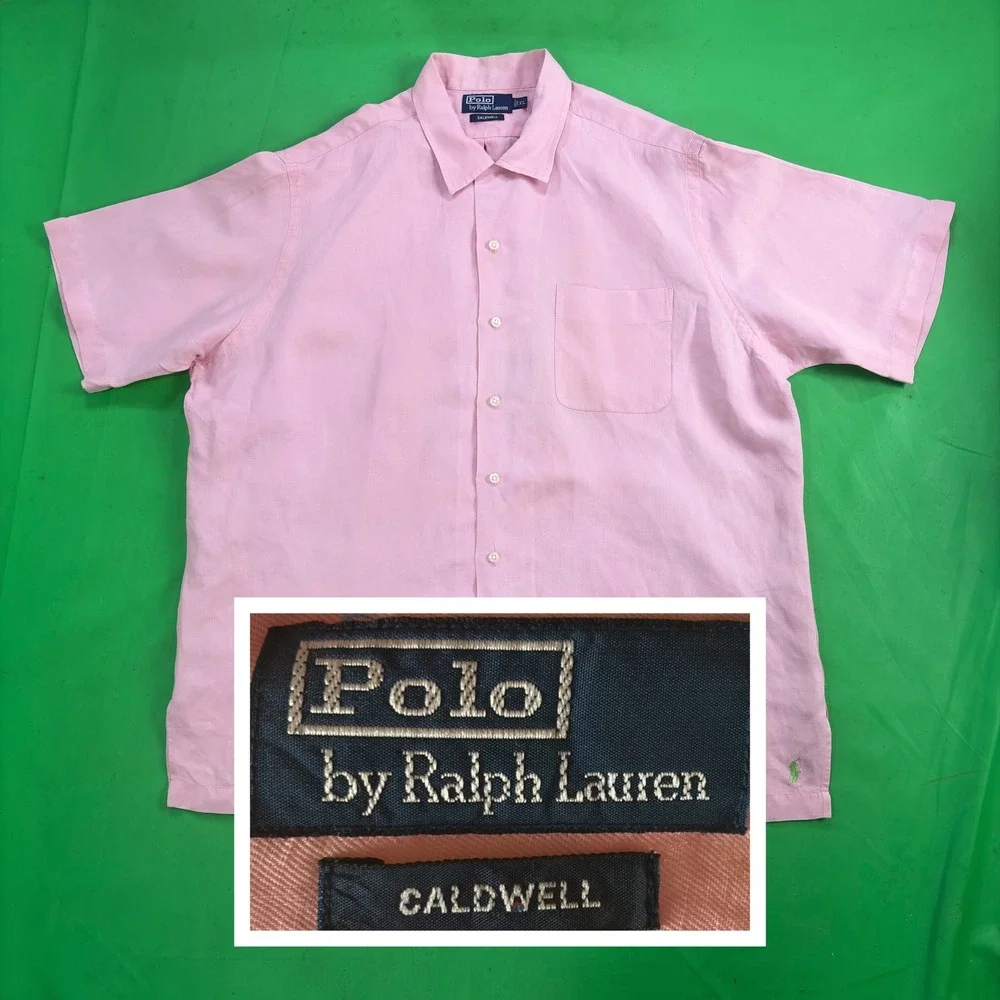 VTG 90s Caldwell Polo Ralph Lauren Mens XL/2X Pink Linen/Silk Camp Collar Pony